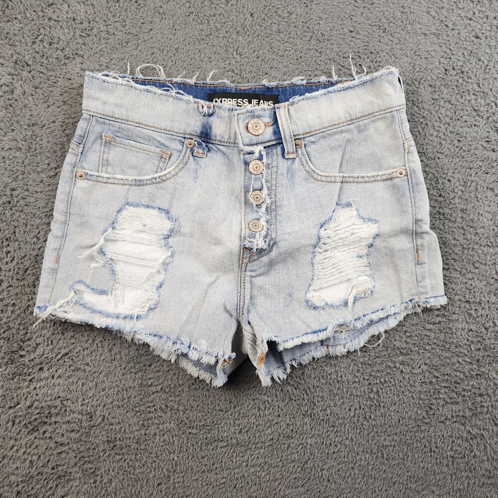 High-Waist Frayed Cutoff Y2K Denim Jean Shorts Size 2 Blue Button Fly No Stretch